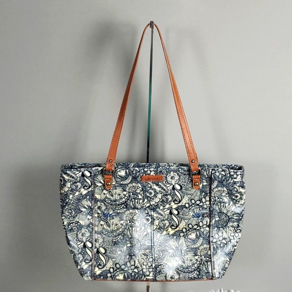 Sakroots Metro Tote Bag Blue, Cream w/Brown Faux Leather Trim